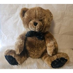 Fukei Tan Teddy Bear Plush Green and Gold Feet and Bow Tie 17"